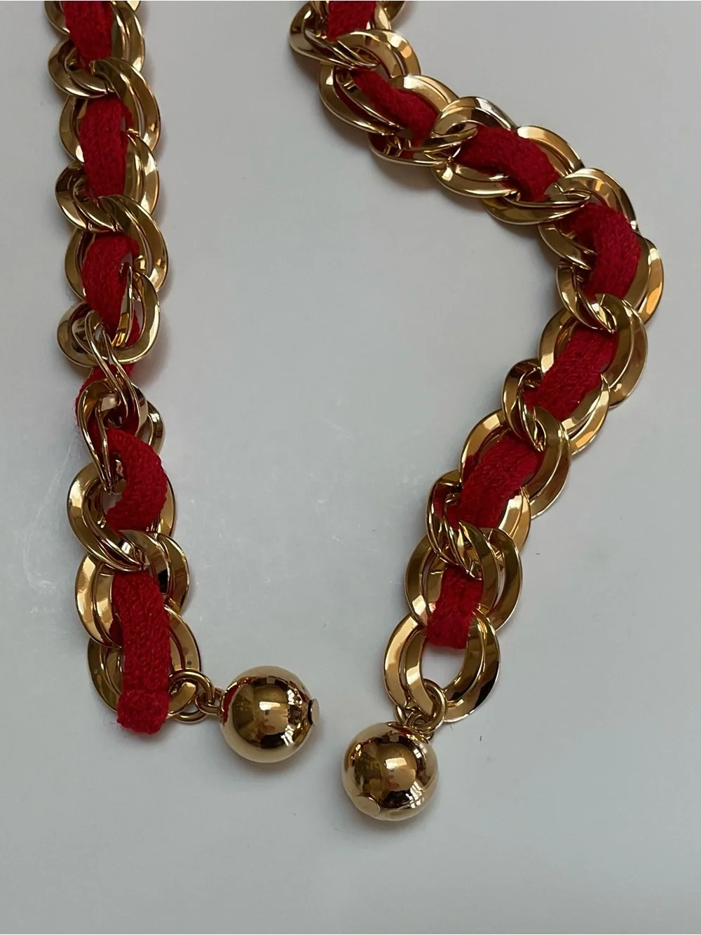 St. John Red and Gold Adjustable Braided Chain Belt with Logo Plate